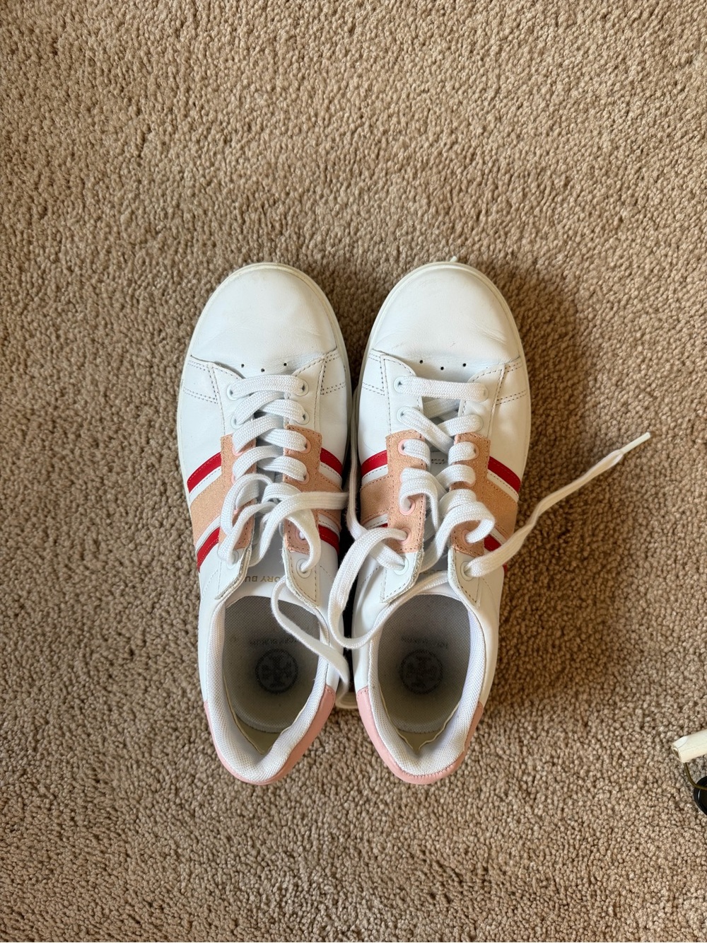 Tory Burch White Sneakers with Pink and Red Stripe Accents